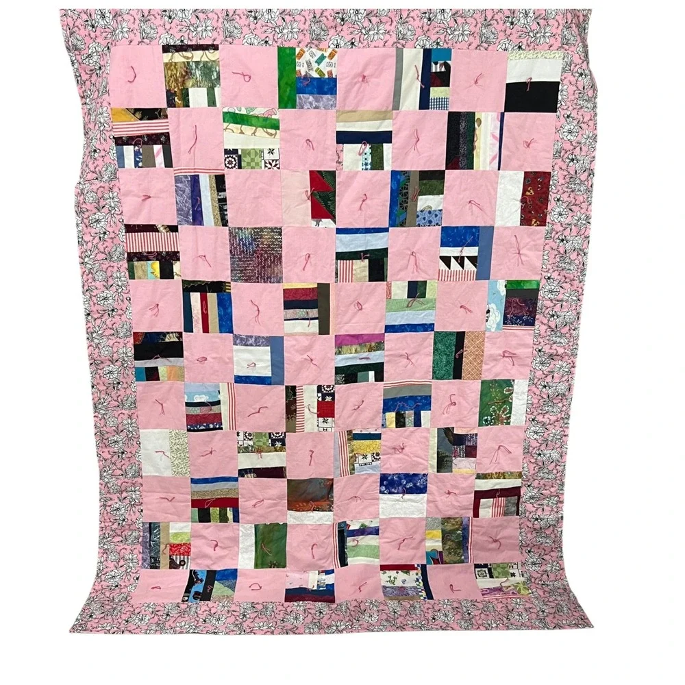 Handmade Pink Patchwork‎ Tied Quilt Floral Border Scrappy Design 54x70